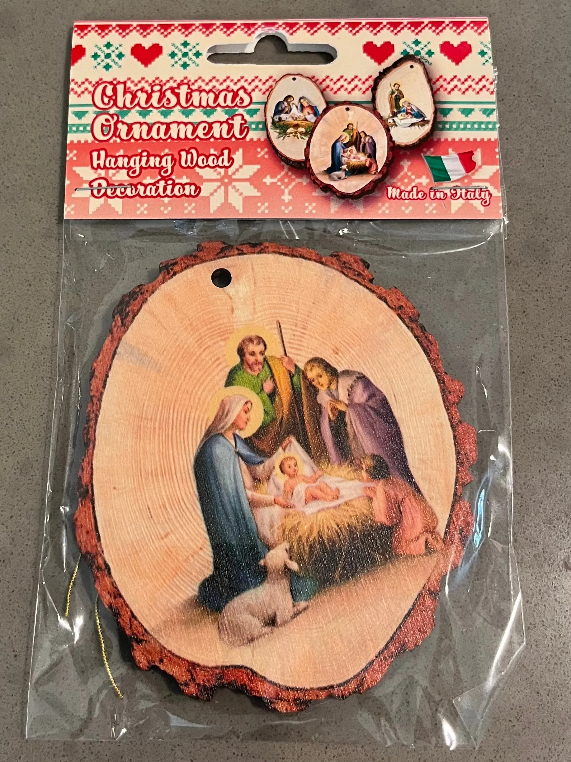 3 and 1/2 by 3 and 1/2 Round Wooden Nativity Scene Christmas Ornament.  Gold Stamped and Made In Italy