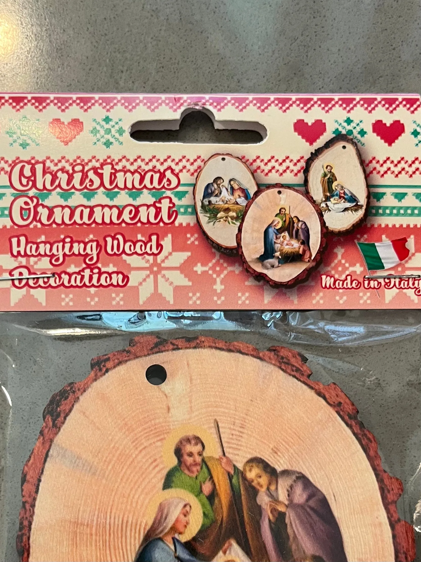 3 and 1/2 by 3 and 1/2 Round Wooden Nativity Scene Christmas Ornament.  Gold Stamped and Made In Italy