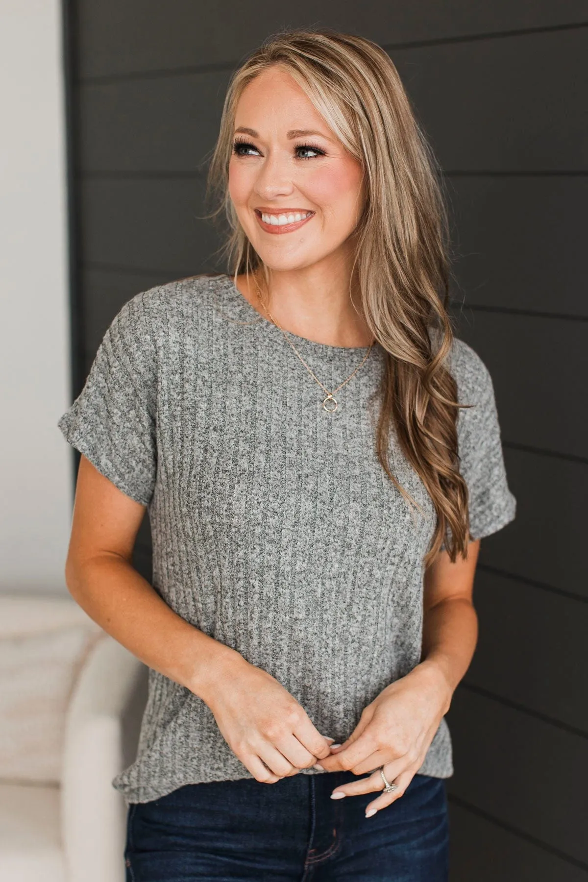 A New Direction Ribbed Top- Heather Grey