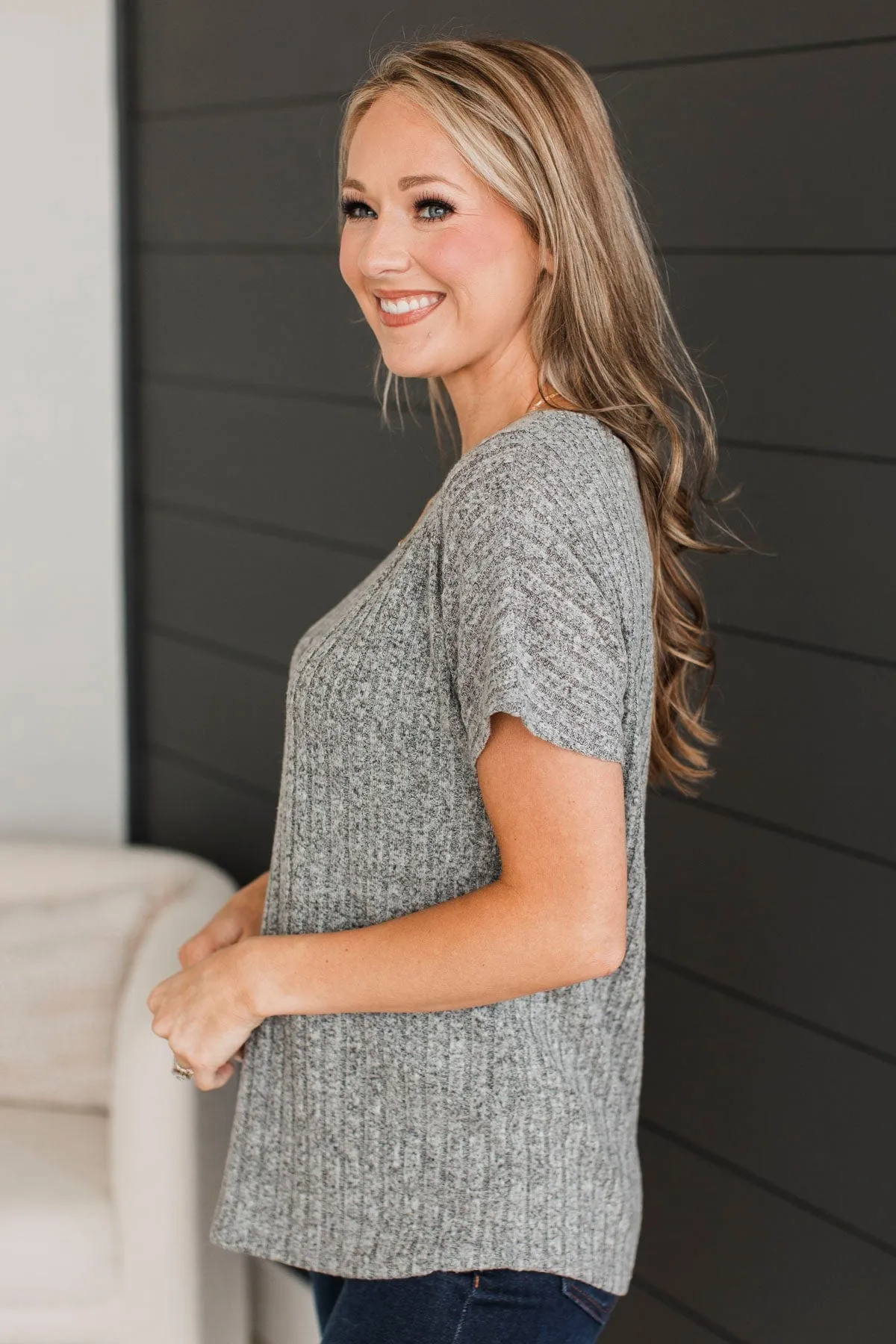 A New Direction Ribbed Top- Heather Grey