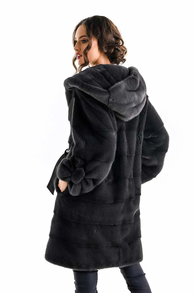 Anthracite Elegant Genuine Mink Fur Hooded Coat