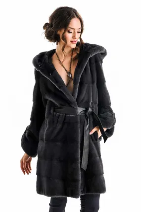 Anthracite Elegant Genuine Mink Fur Hooded Coat