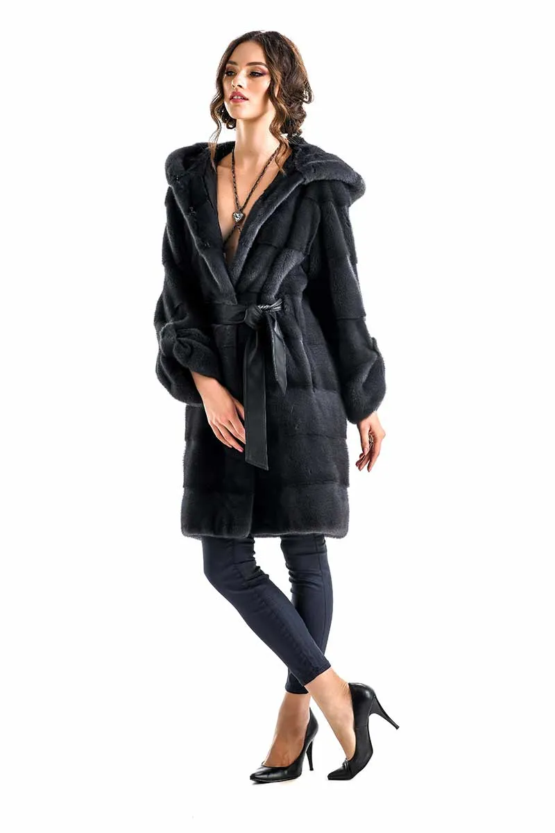 Anthracite Elegant Genuine Mink Fur Hooded Coat