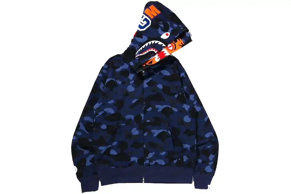 BAPE TIGER SHARK FULL ZIP DOUBLE HOODIE NAVY