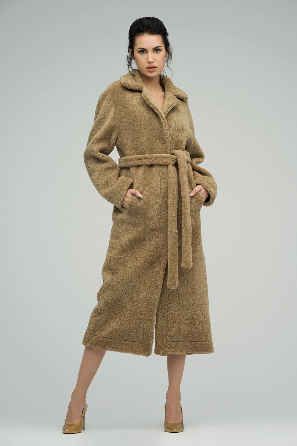 Beige Reversible Sheepskin Lamb Fur Maxi Coat