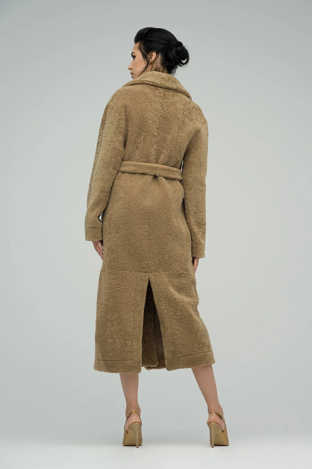 Beige Reversible Sheepskin Lamb Fur Maxi Coat