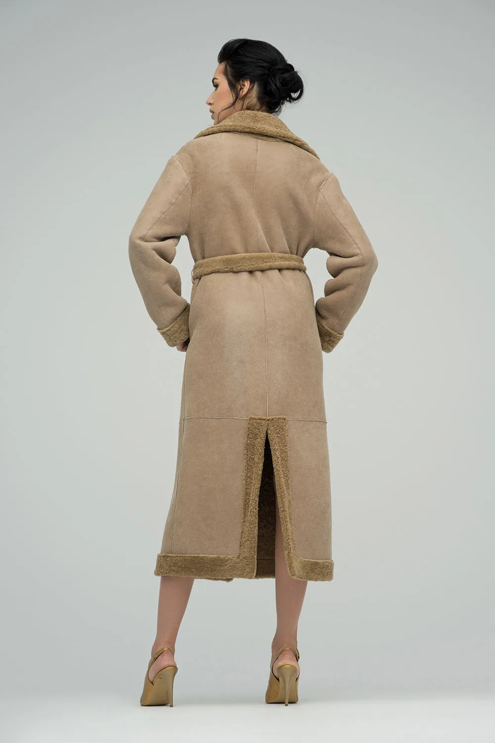 Beige Reversible Sheepskin Lamb Fur Maxi Coat