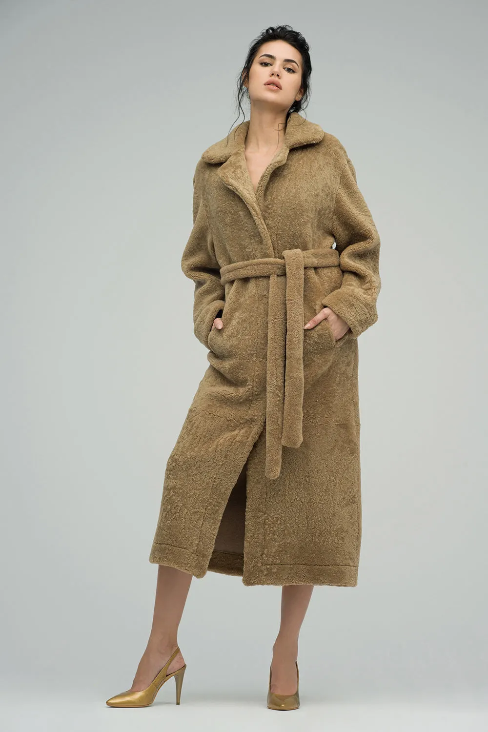 Beige Reversible Sheepskin Lamb Fur Maxi Coat