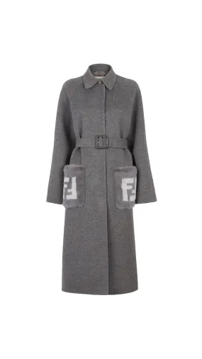 Belted Wool Coat with Mink Pockets - Grey