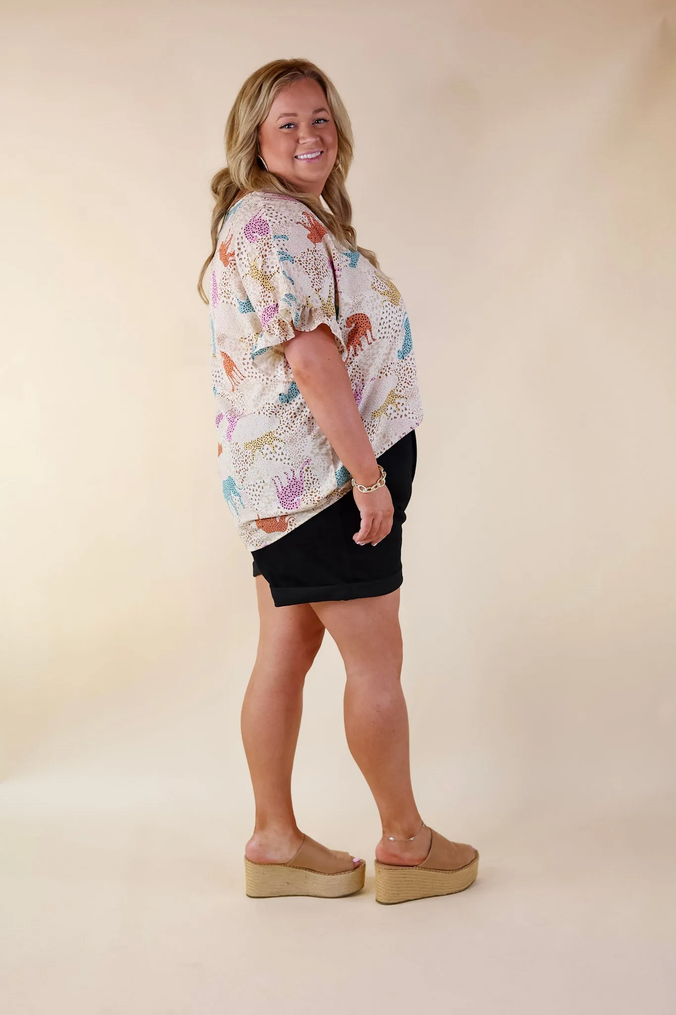 Best Version Cheetah Print V Neck Top with Ruffle Short Sleeves in Beige Mix