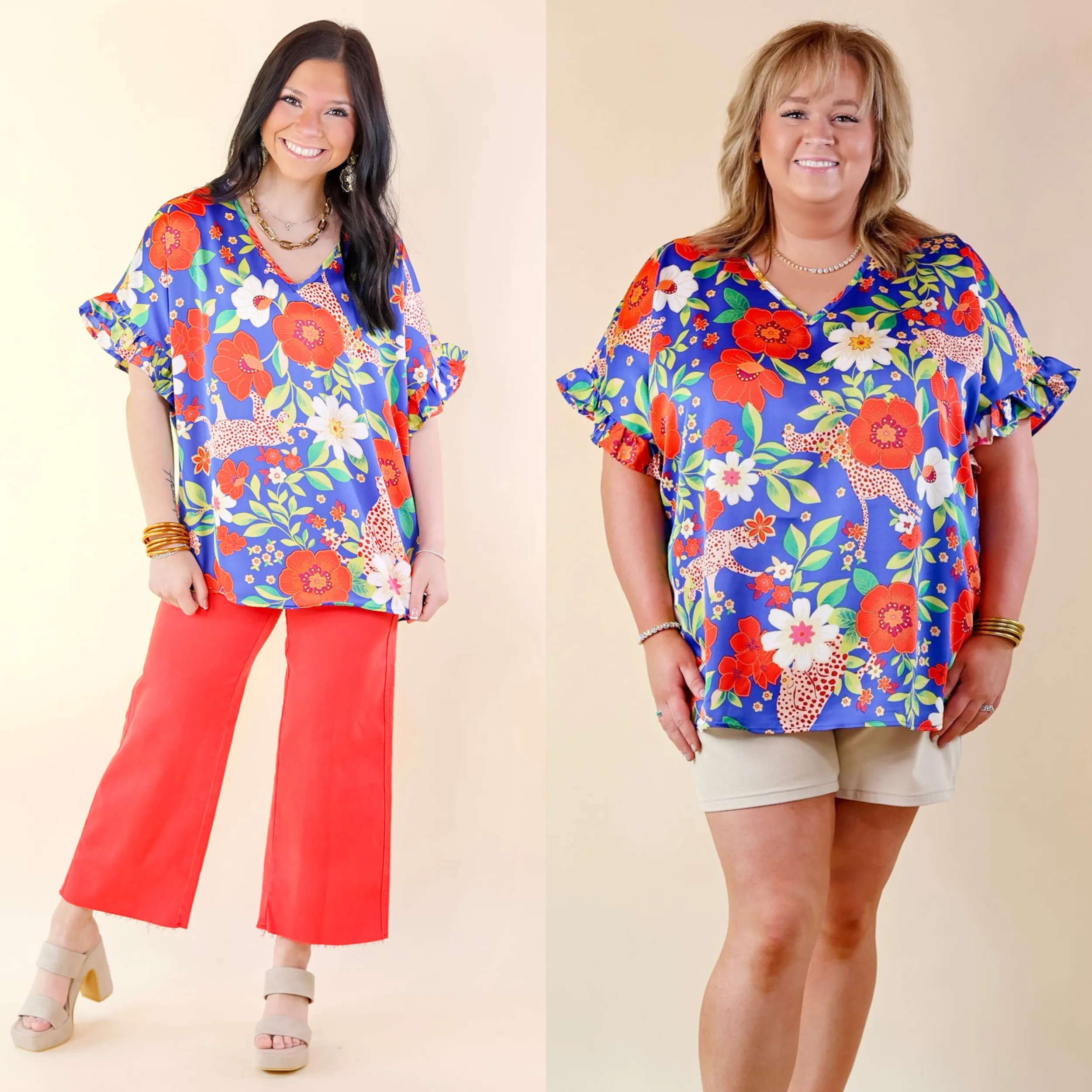 Best Version Floral and Cheetah Print V Neck Top with Ruffle Short Sleeves in Blue