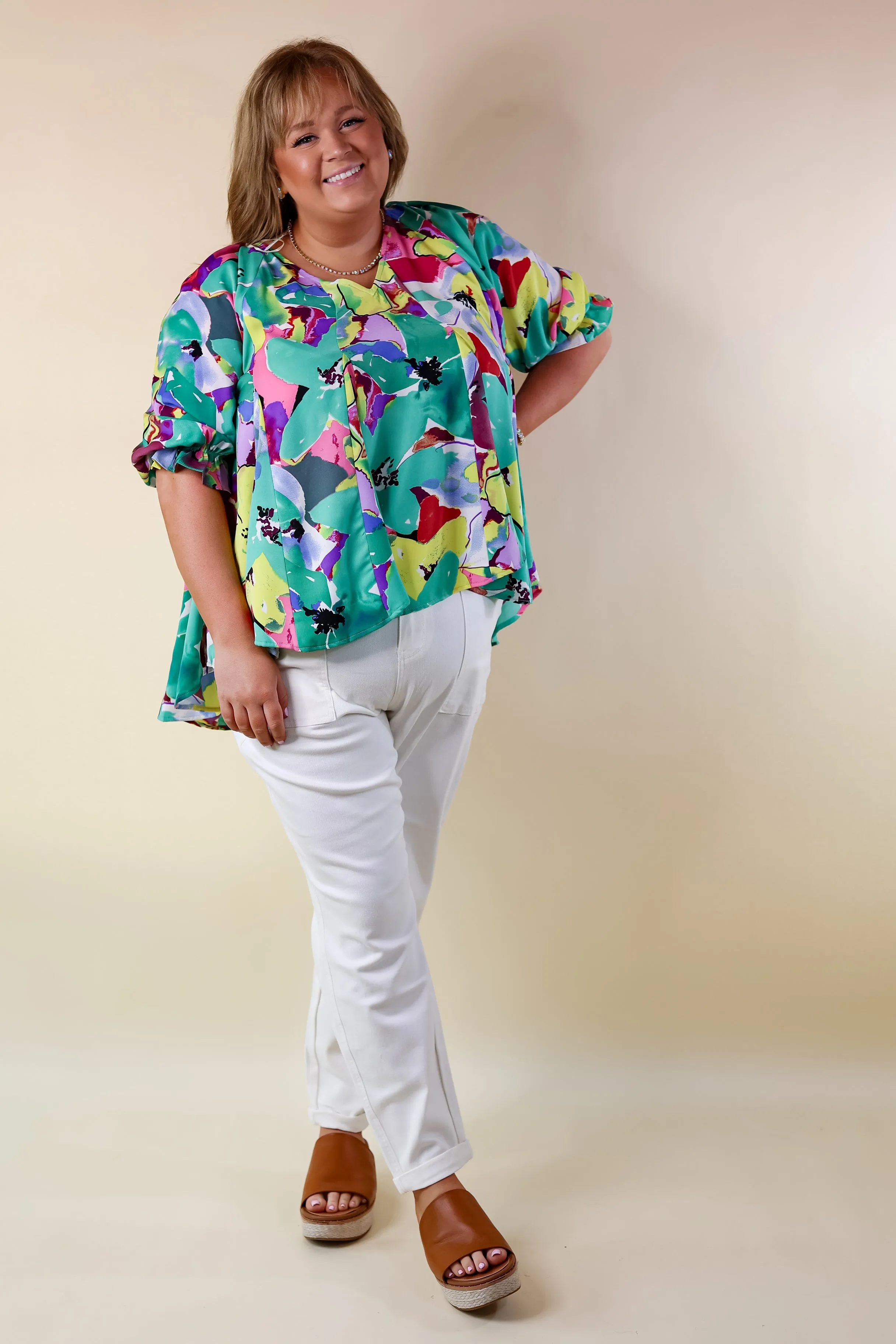 Blooming Love Floral V Neck Top with Half Sleeves in Green Mix