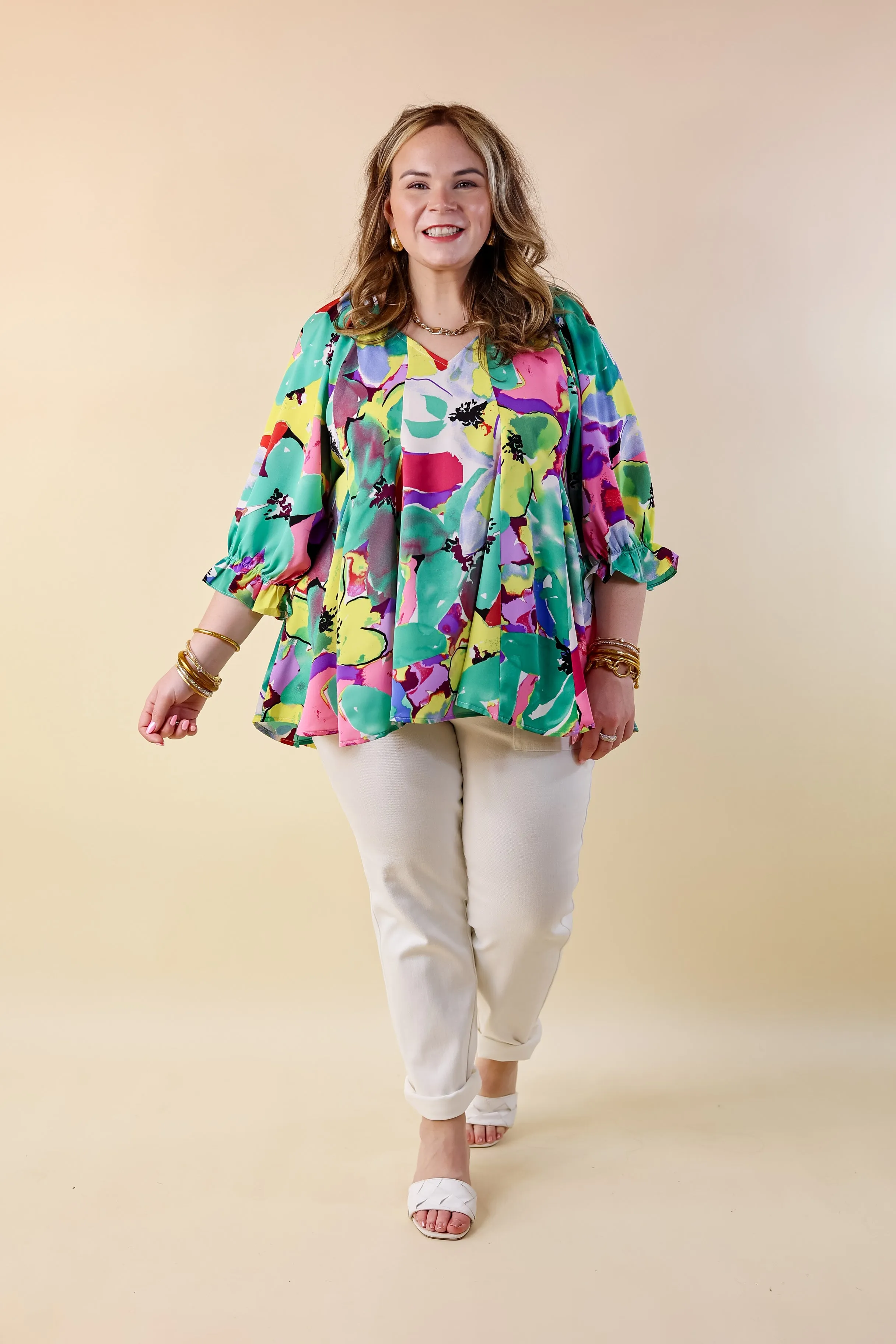 Blooming Love Floral V Neck Top with Half Sleeves in Green Mix