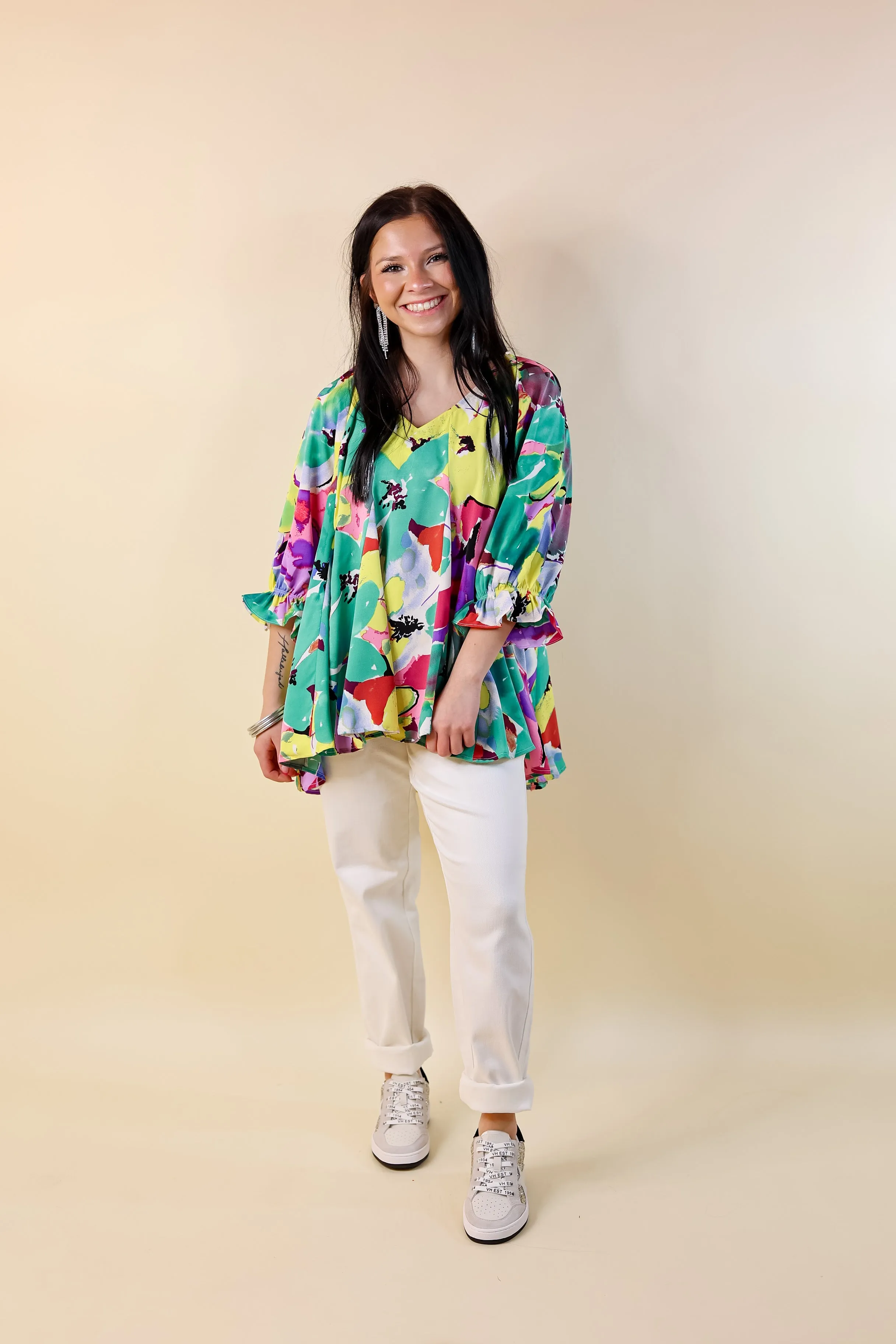 Blooming Love Floral V Neck Top with Half Sleeves in Green Mix