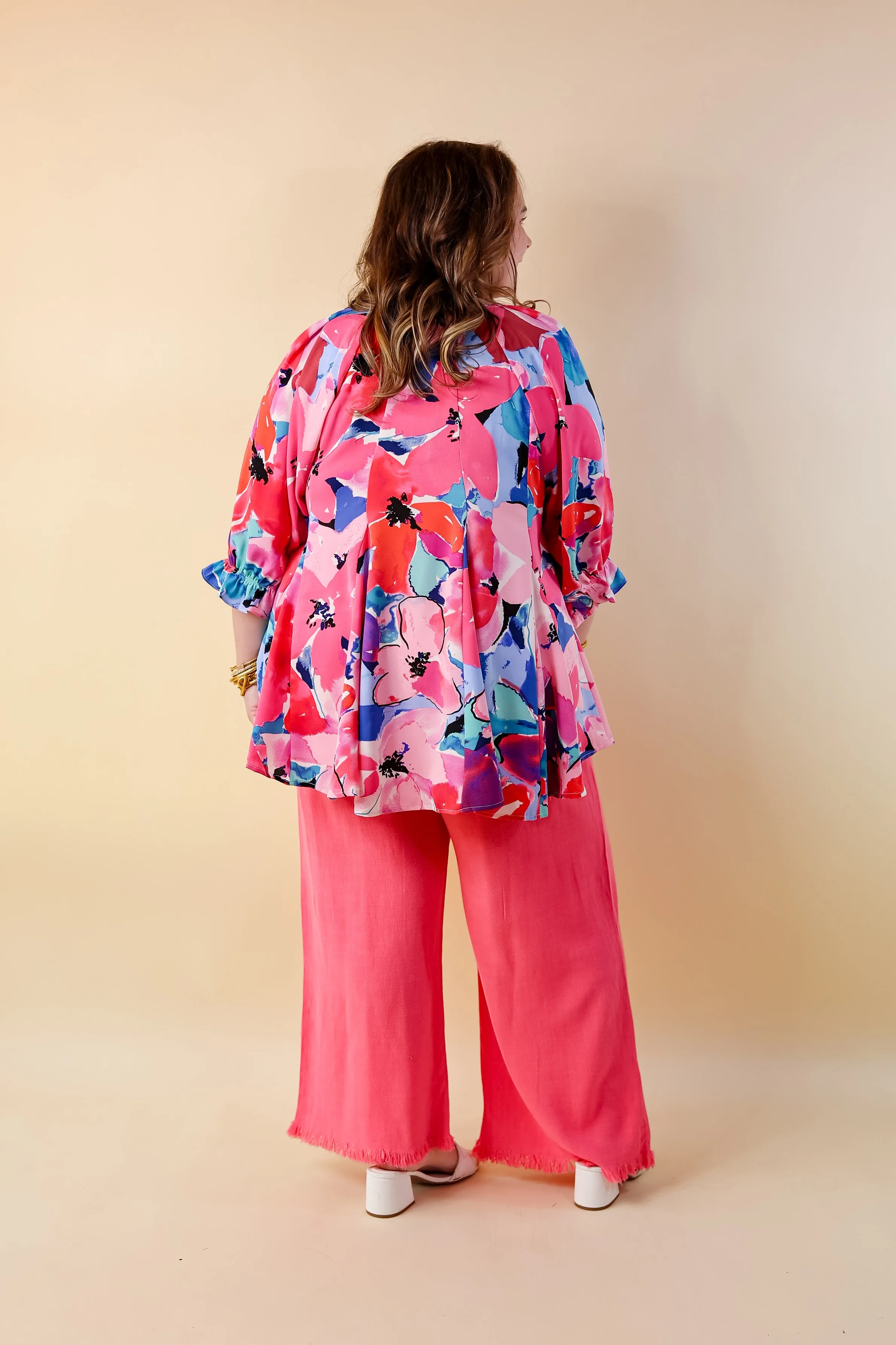 Blooming Love Floral V Neck Top with Half Sleeves in Pink Mix