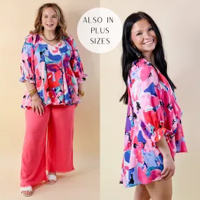 Blooming Love Floral V Neck Top with Half Sleeves in Pink Mix