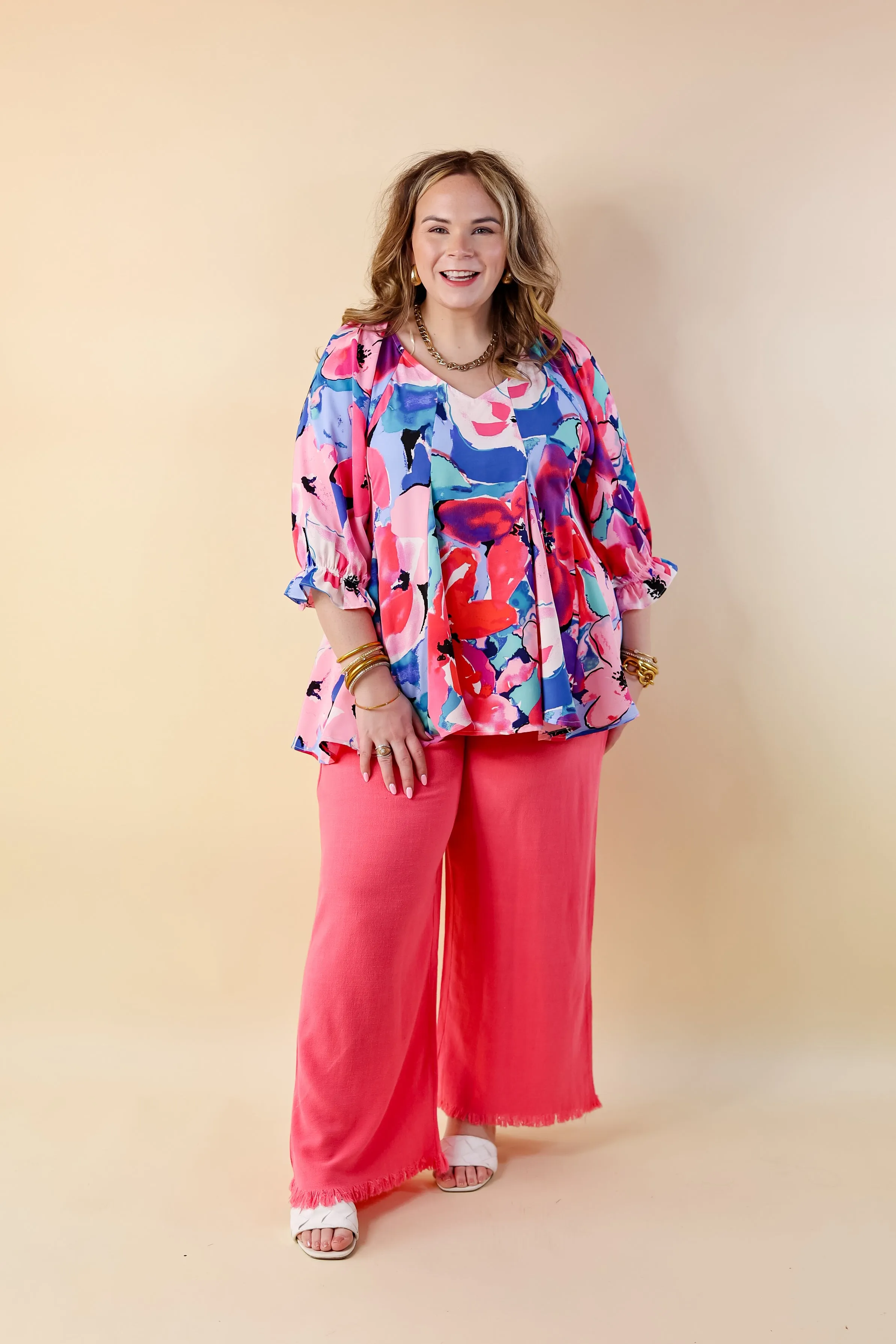 Blooming Love Floral V Neck Top with Half Sleeves in Pink Mix