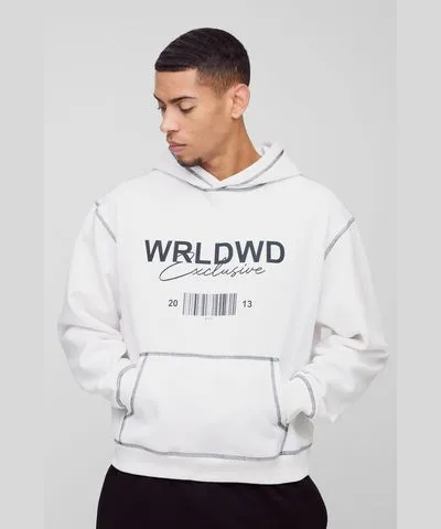 boohoo Mens Oversized Boxy Contrast Stitch Wrldwd Graphic Hoodie