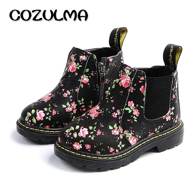 COZULMA Kids Ankle Boots Girls Boys Floral Flower Print Chelsea Boots Girls Autumn Martin Boots Children Winter Shoes size 21-36