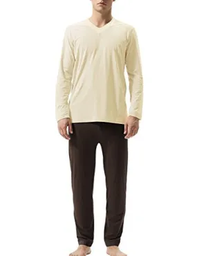 DAVID ARCHY MEN'S V-NECK TOP COTTON MODAL PAJAMA SET(XL,YELLOW-COFFEE)