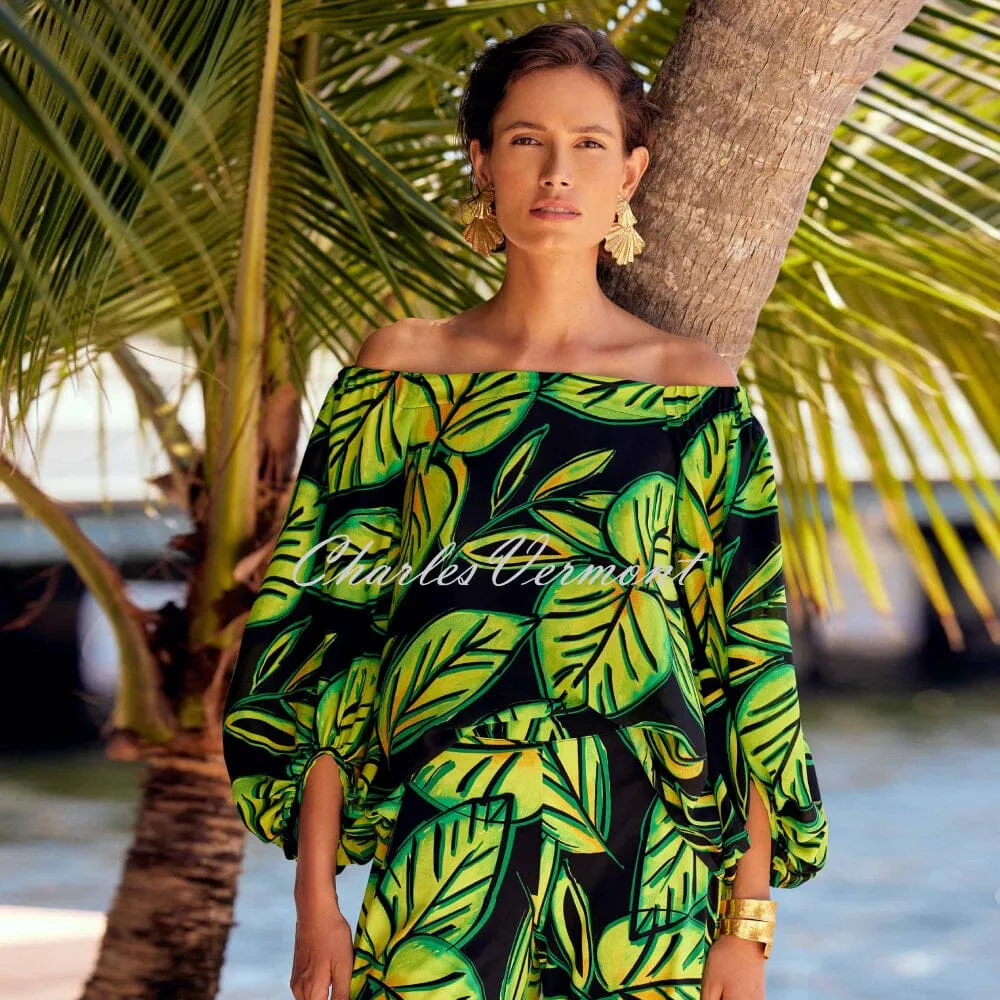 Joseph Ribkoff Tropical Leaf Print Off-The-Shoulder Top - Style 241277