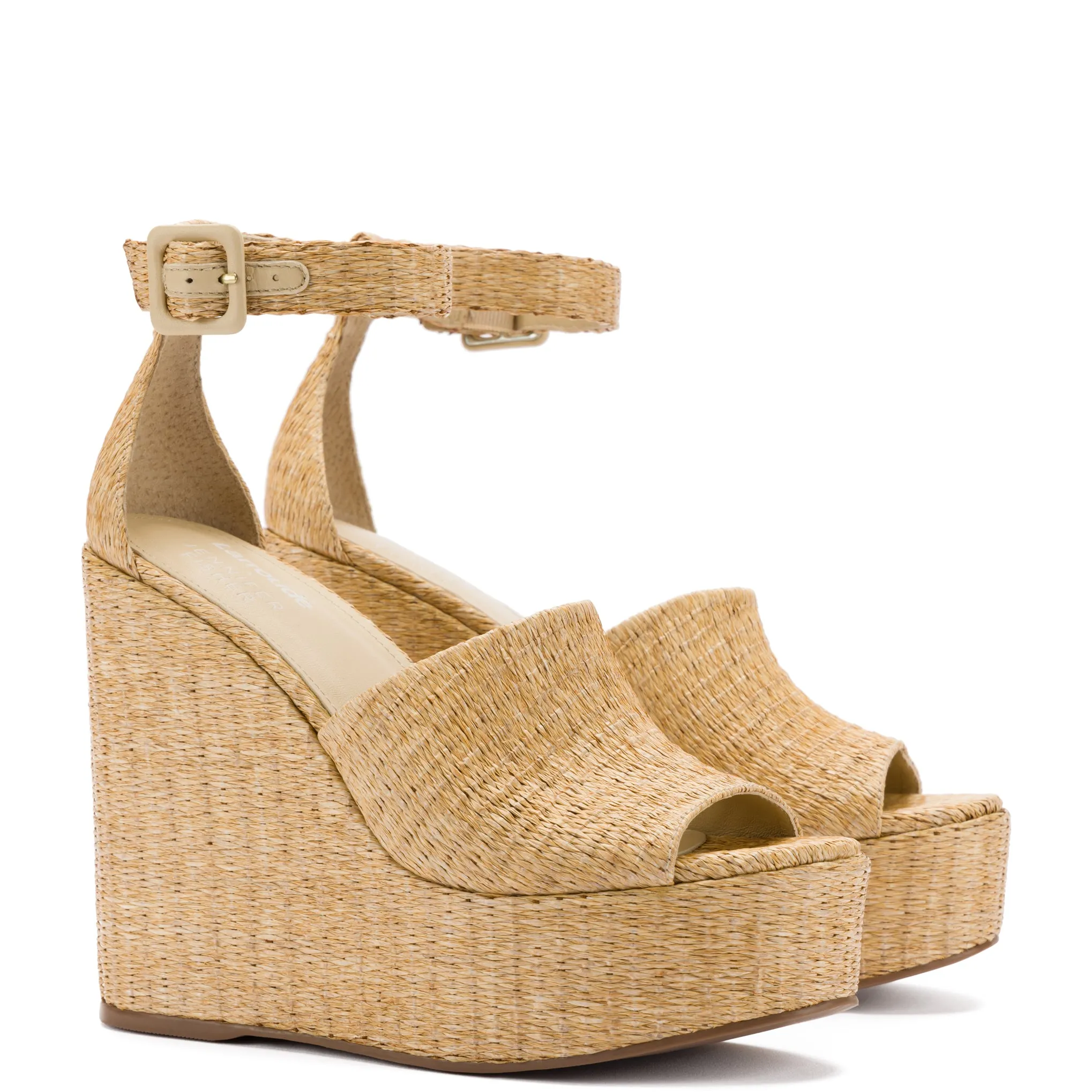 Larroudé x Jennifer Fisher Wedge Sandal In Sepia Raffia