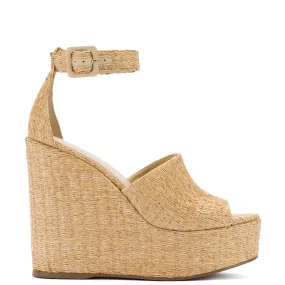 Larroudé x Jennifer Fisher Wedge Sandal In Sepia Raffia