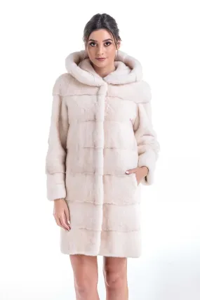 Luxury Ivory Natural Hooded Mink Fur Coat