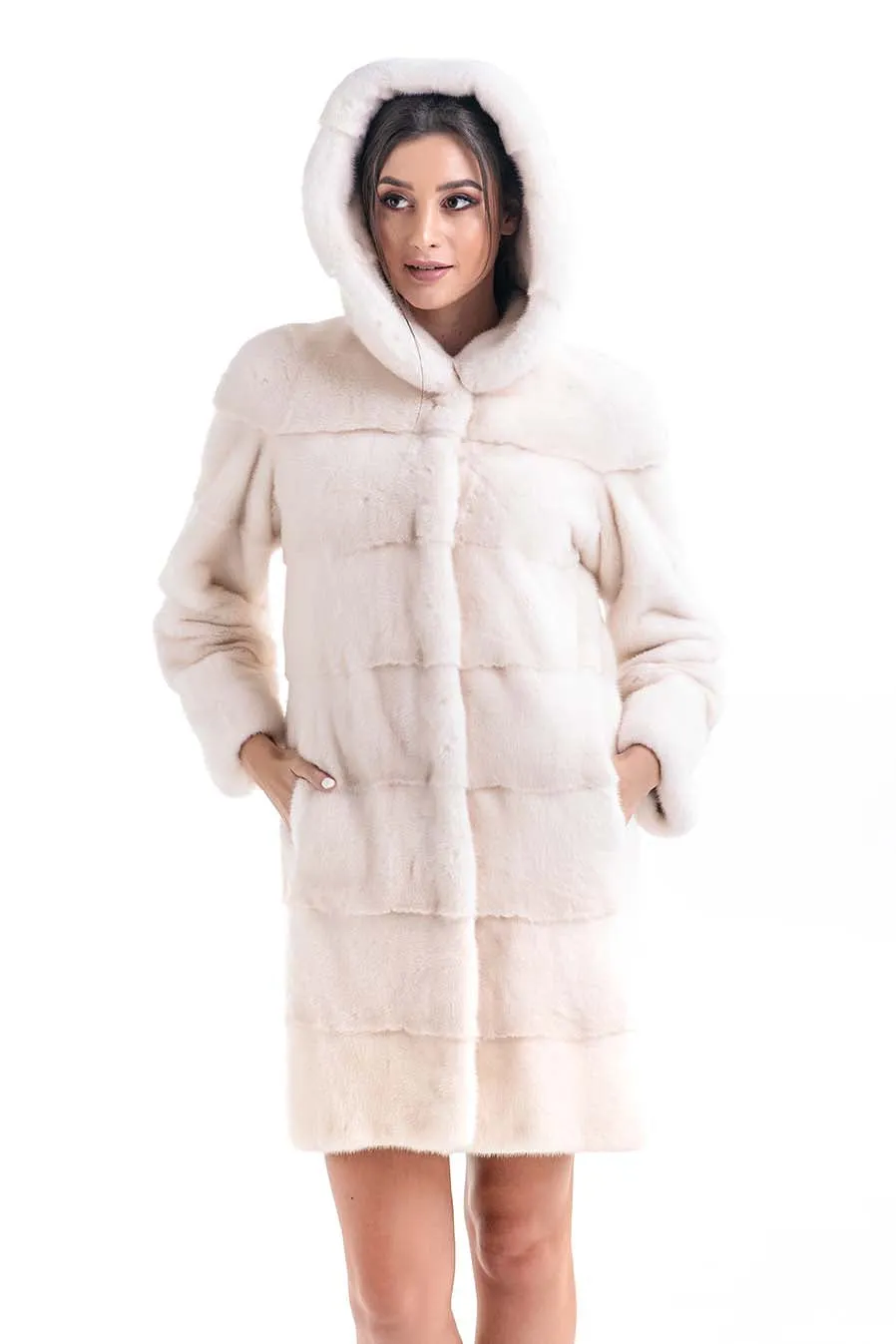 Luxury Ivory Natural Hooded Mink Fur Coat