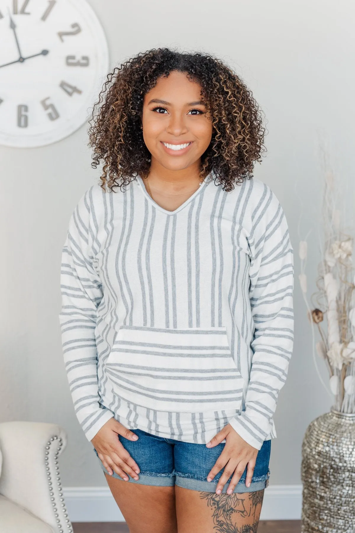 Magnificent Mornings Striped Hoodie- Charcoal