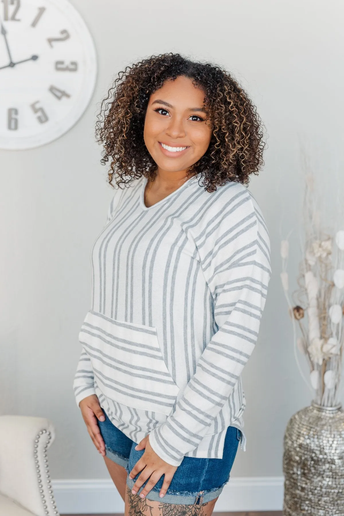 Magnificent Mornings Striped Hoodie- Charcoal