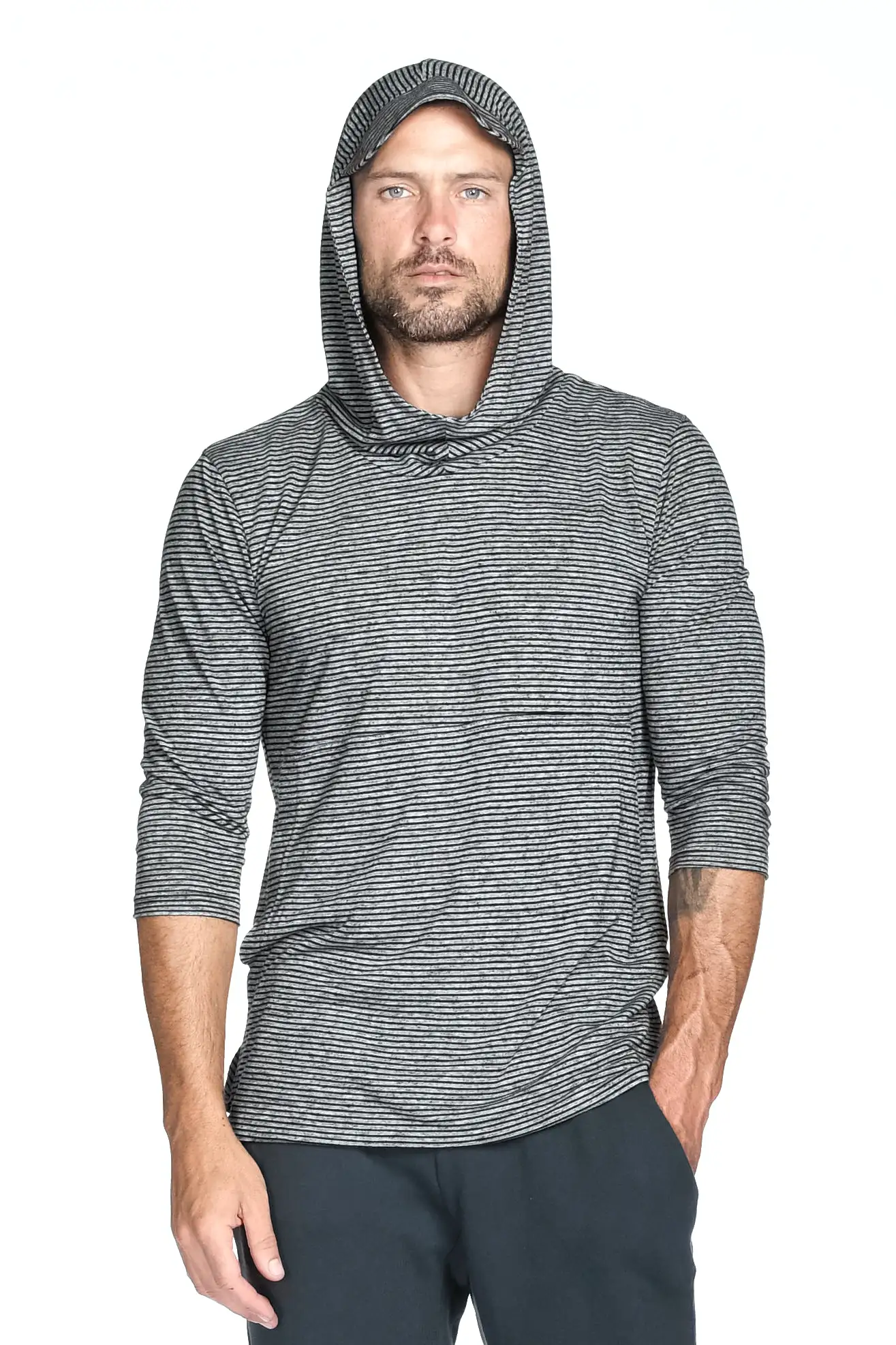 Men's 3/4 Sleeve Cowl Neck Visor Stripe Hoodie