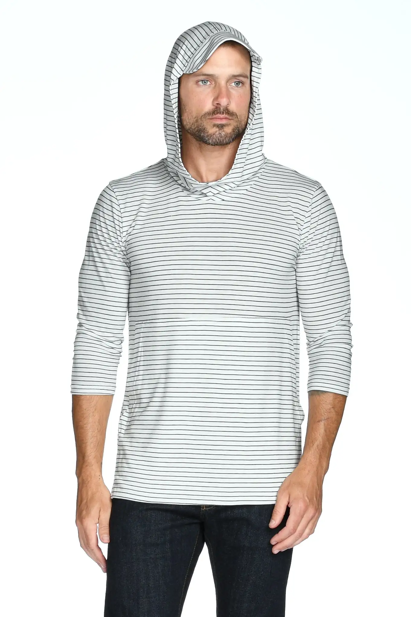 Men's 3/4 Sleeve Cowl Neck Visor Stripe Hoodie