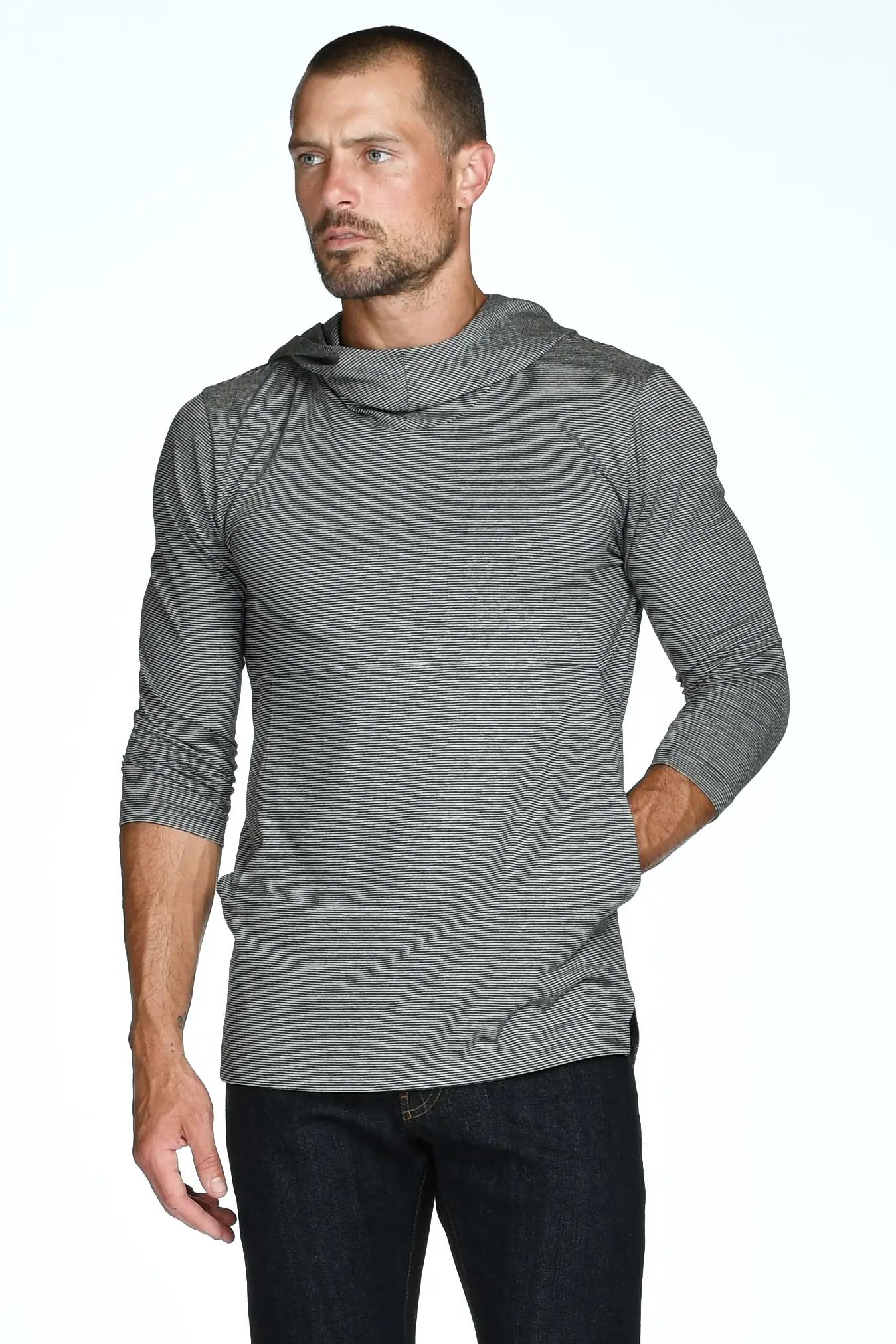 Men's 3/4 Sleeve Cowl Neck Visor Stripe Hoodie