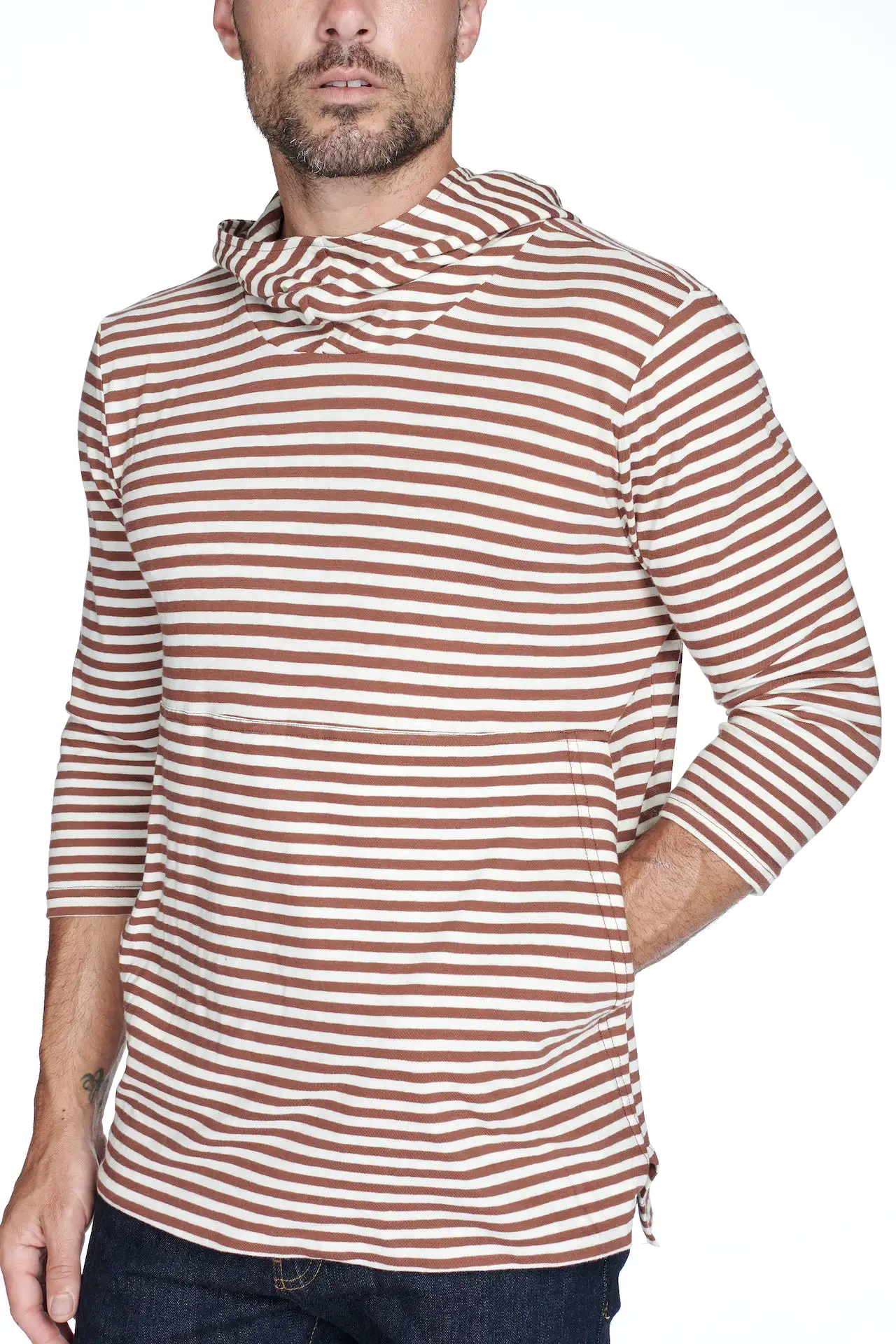 Men's 3/4 Sleeve Cowl Neck Visor Stripe Hoodie