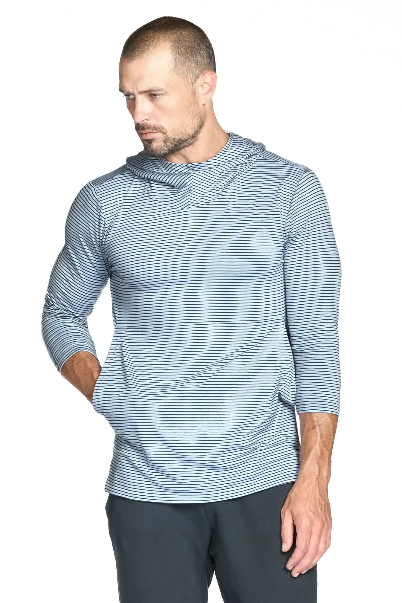 Men's 3/4 Sleeve Cowl Neck Visor Stripe Hoodie