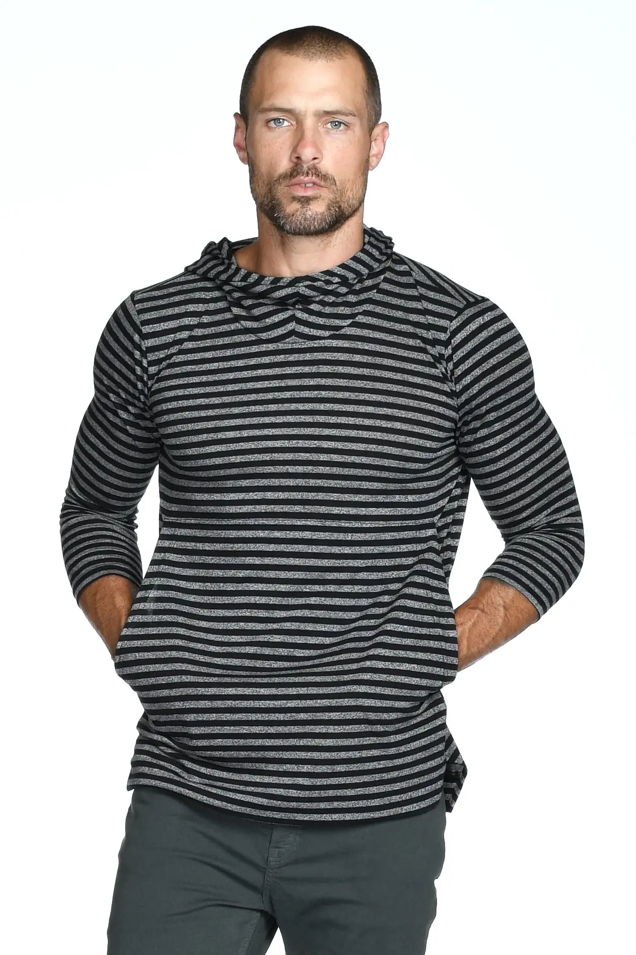 Men's 3/4 Sleeve Cowl Neck Visor Stripe Hoodie