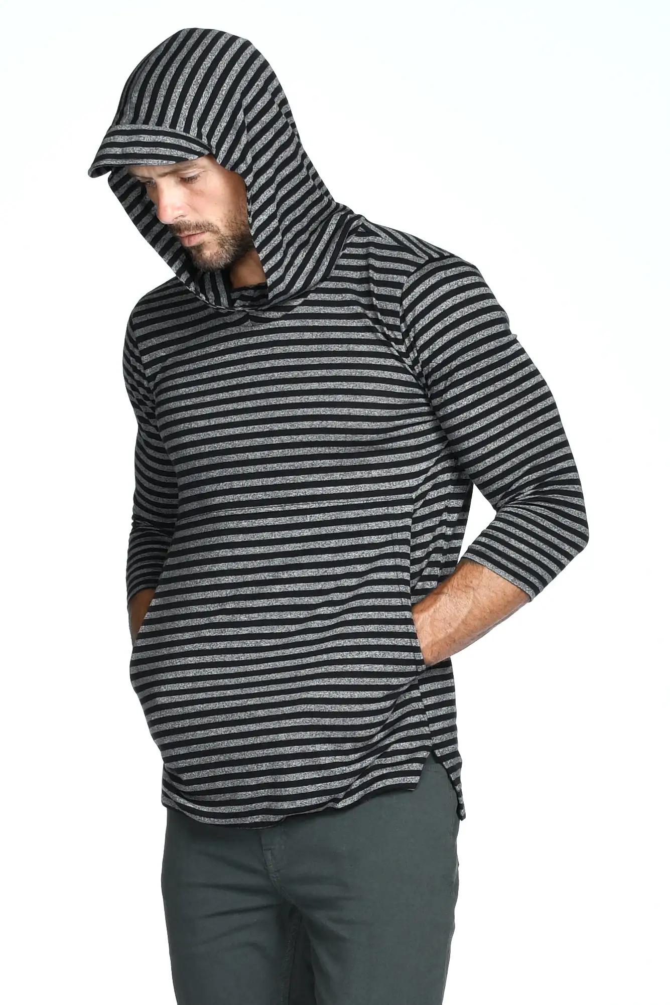 Men's 3/4 Sleeve Cowl Neck Visor Stripe Hoodie