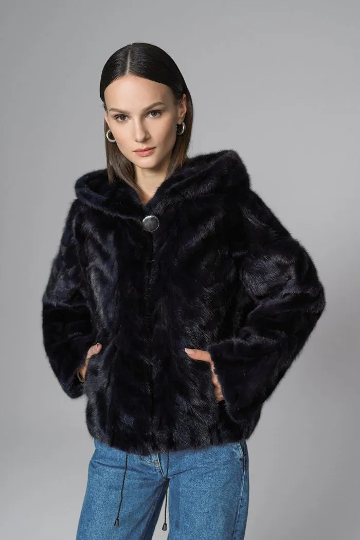 Navy Blue Hooded Nutria Mink Fur Coat