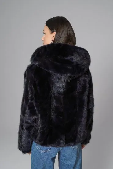 Navy Blue Hooded Nutria Mink Fur Coat