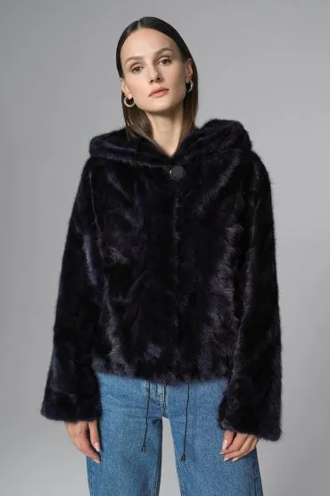 Navy Blue Hooded Nutria Mink Fur Coat