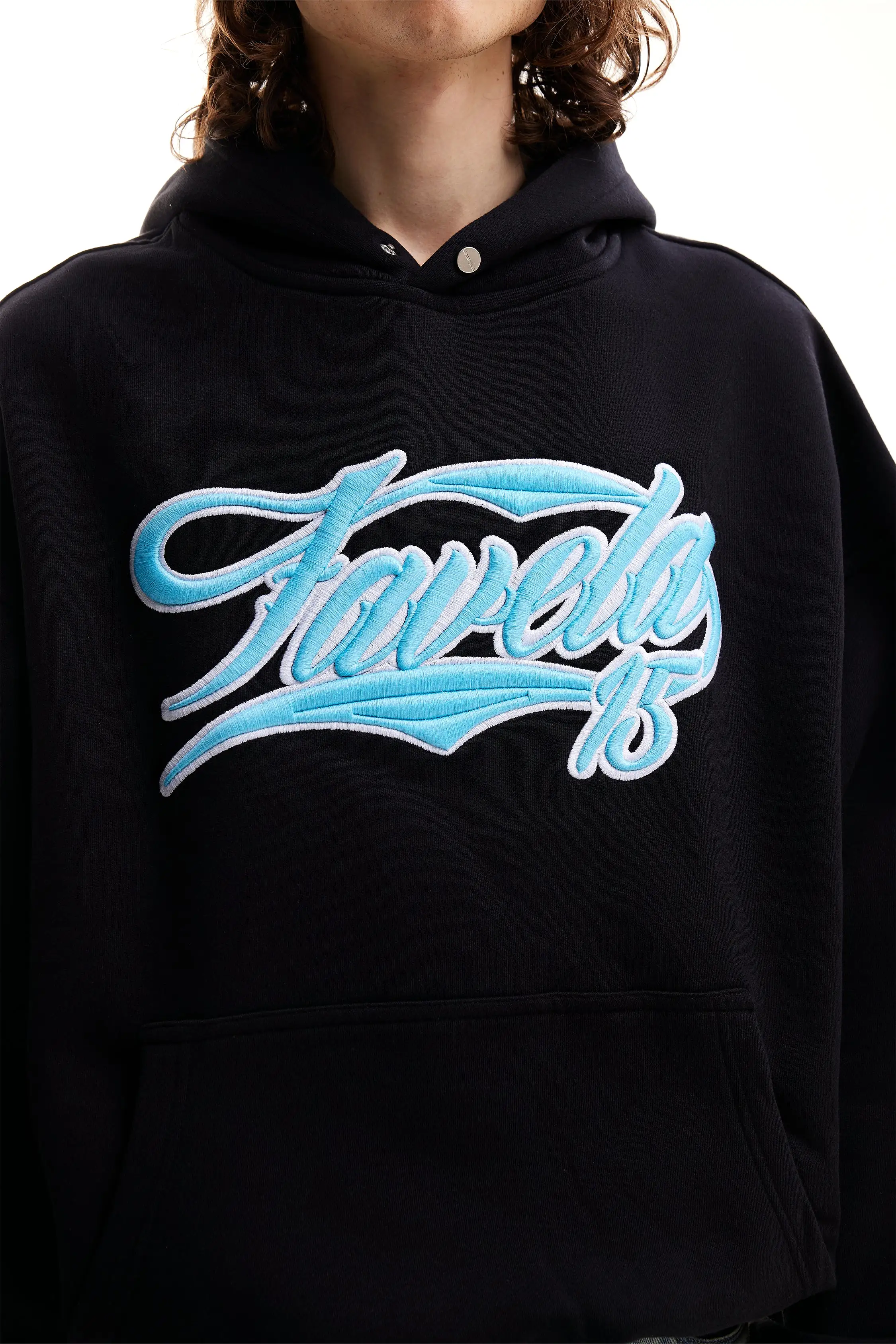 NEW 3D COLLEGE  BABYBLUE/WHITE BLACK SNAP BUTTON HOODIE