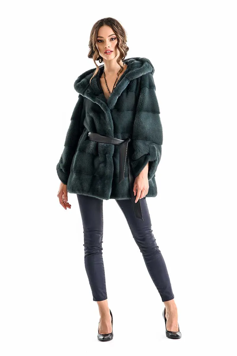 Olive Elegant Genuine Mink Fur Hooded Coat