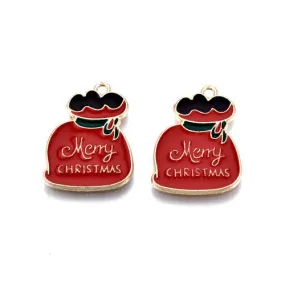 Pendants, Christmas, Red, Black, Enameled, Lucky Bag, With Word Merry Christmas, Light Gold, Alloy, 21mm