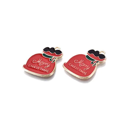 Pendants, Christmas, Red, Black, Enameled, Lucky Bag, With Word Merry Christmas, Light Gold, Alloy, 21mm