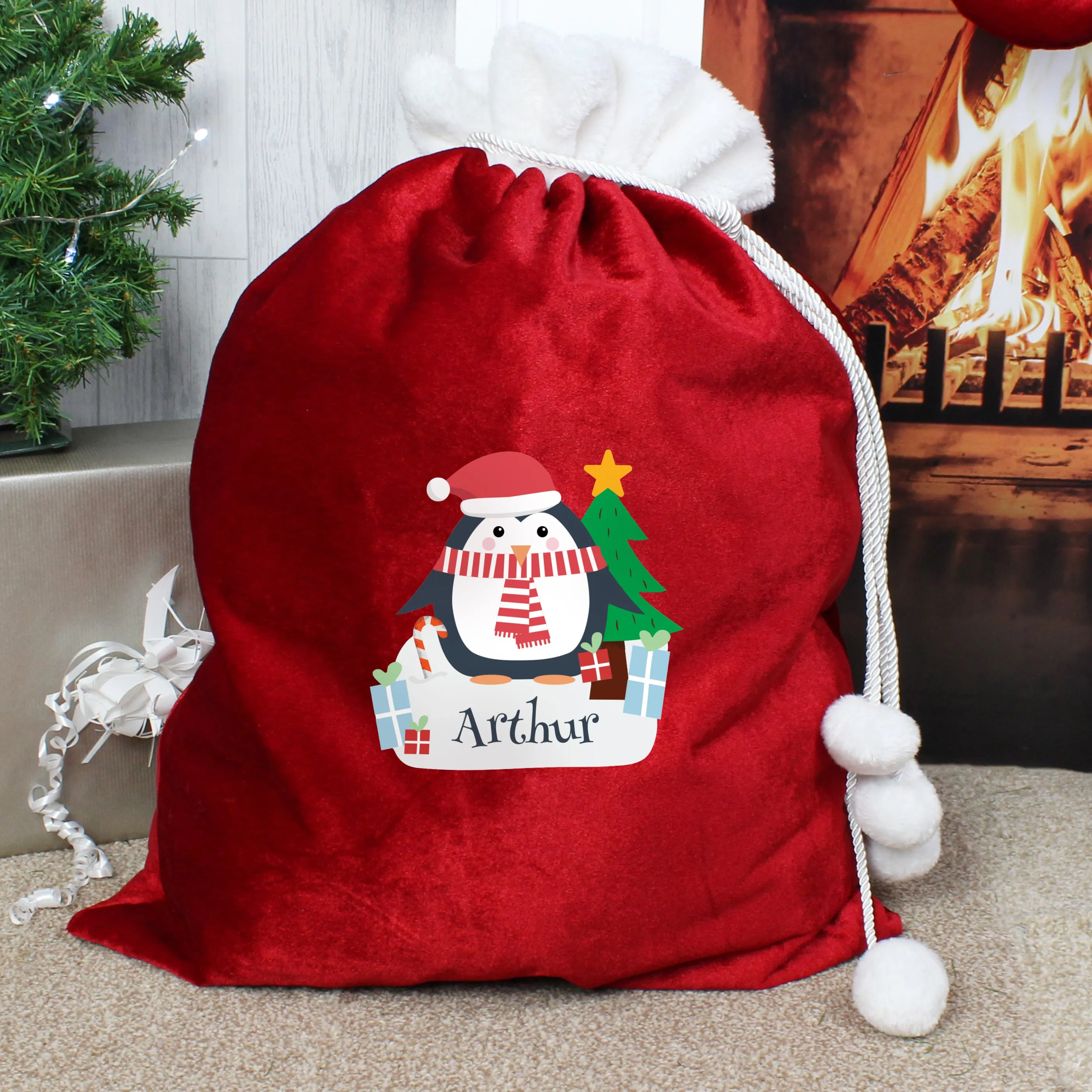 Personalised Christmas Penguin Luxury Pom Pom Red Children's Christmas Sack