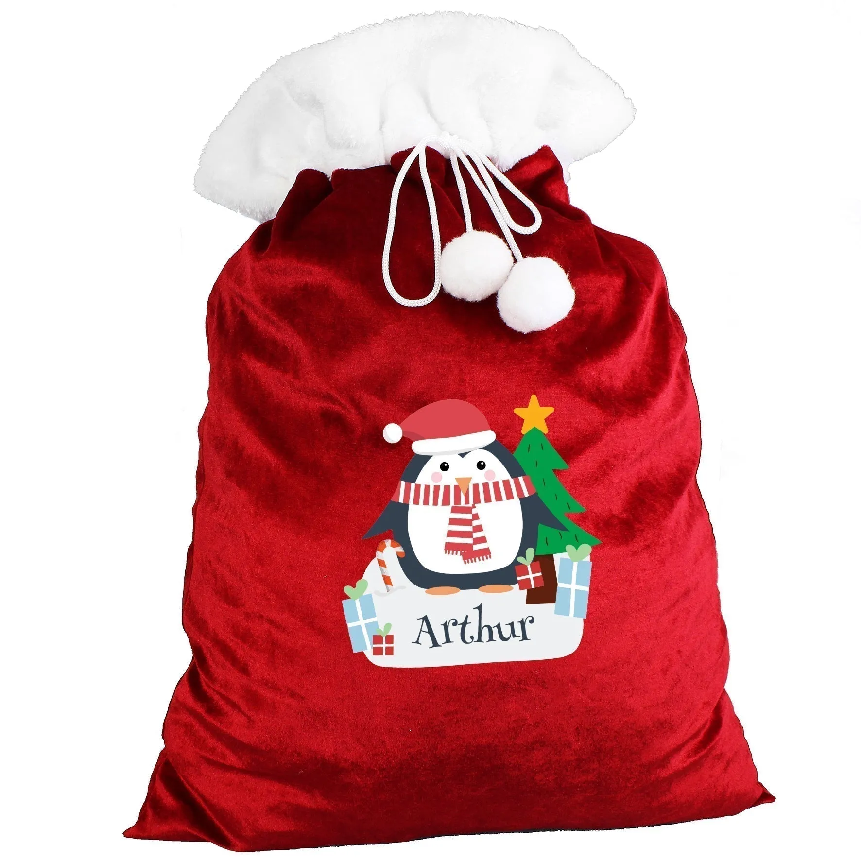 Personalised Christmas Penguin Luxury Pom Pom Red Children's Christmas Sack