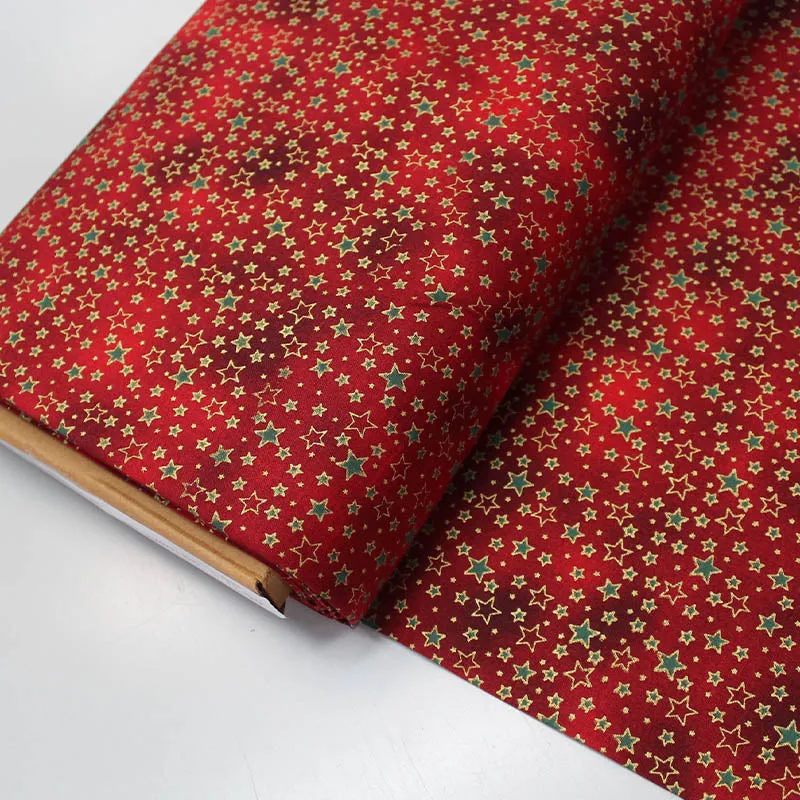 Red Christmas Cotton - Gold and Green Stars