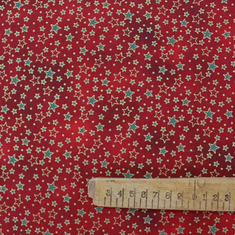 Red Christmas Cotton - Gold and Green Stars