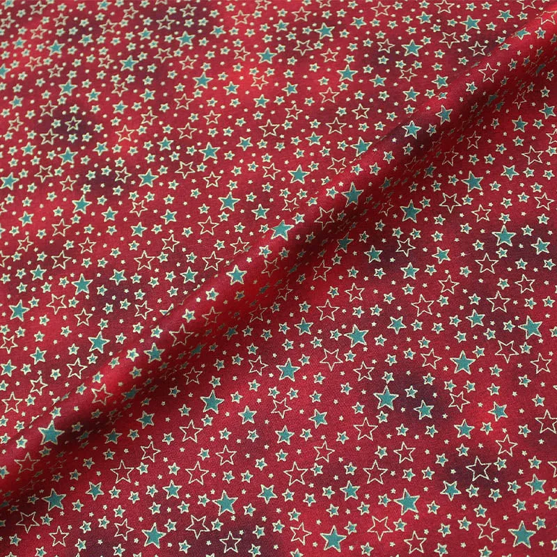 Red Christmas Cotton - Gold and Green Stars